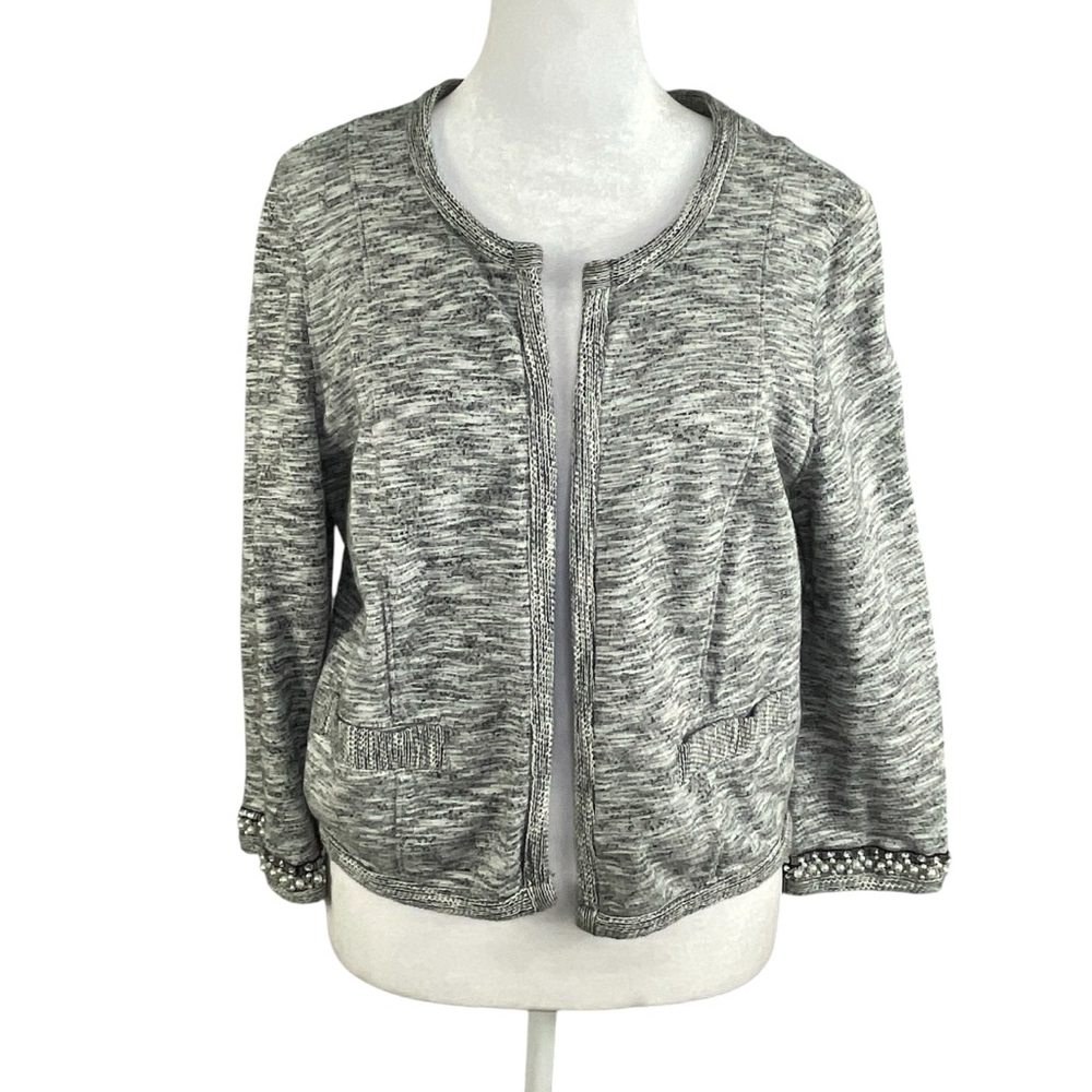 Express M Open Front Cardigan French Terry Grey Heather Beaded Cuffs 100% Cotton